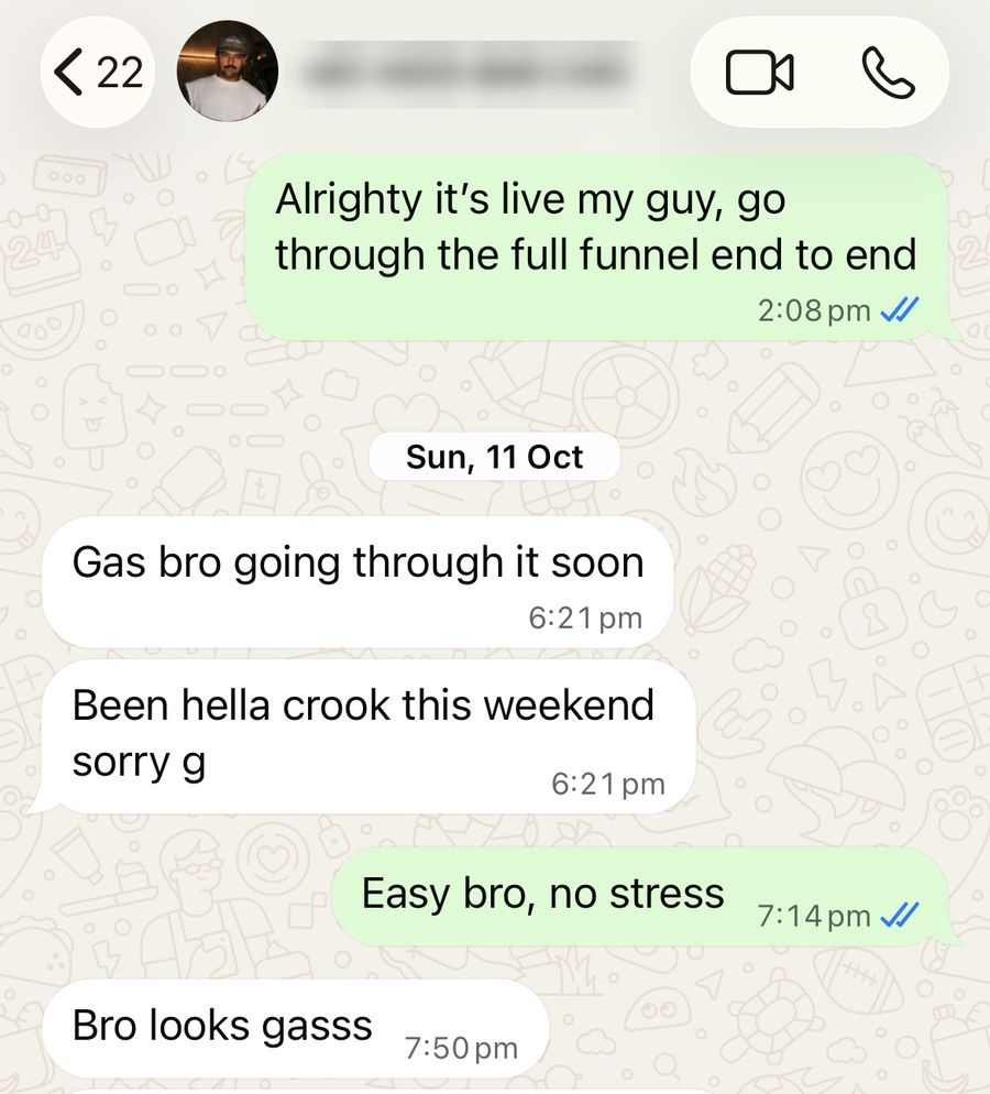 WhatsApp chat with Brecksy. Benji: Alrighty it's live my guy, go through the full funnel end to end. Brecksy: Bro looks gasss.
